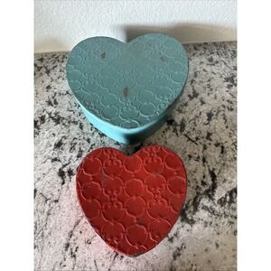 Teal/Red Rustic Metal Heart Box with Embossed Lid Design Vintage Style